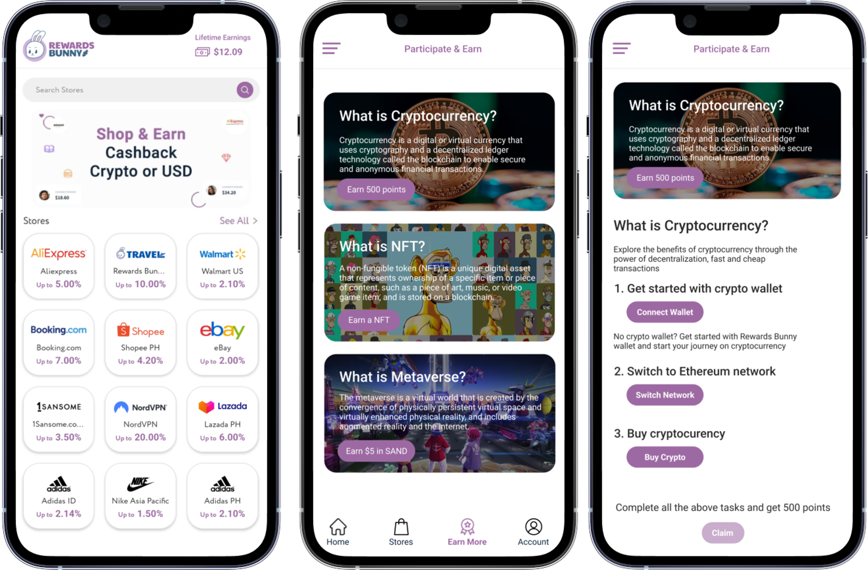 Rewards Bunny mobile app screens